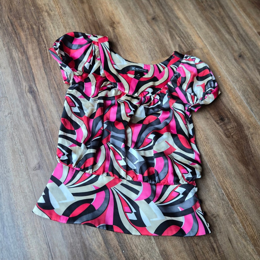 INC International Concepts Womens 4P Silk Blouse Pink Abstract Swirl Puff Sleeve